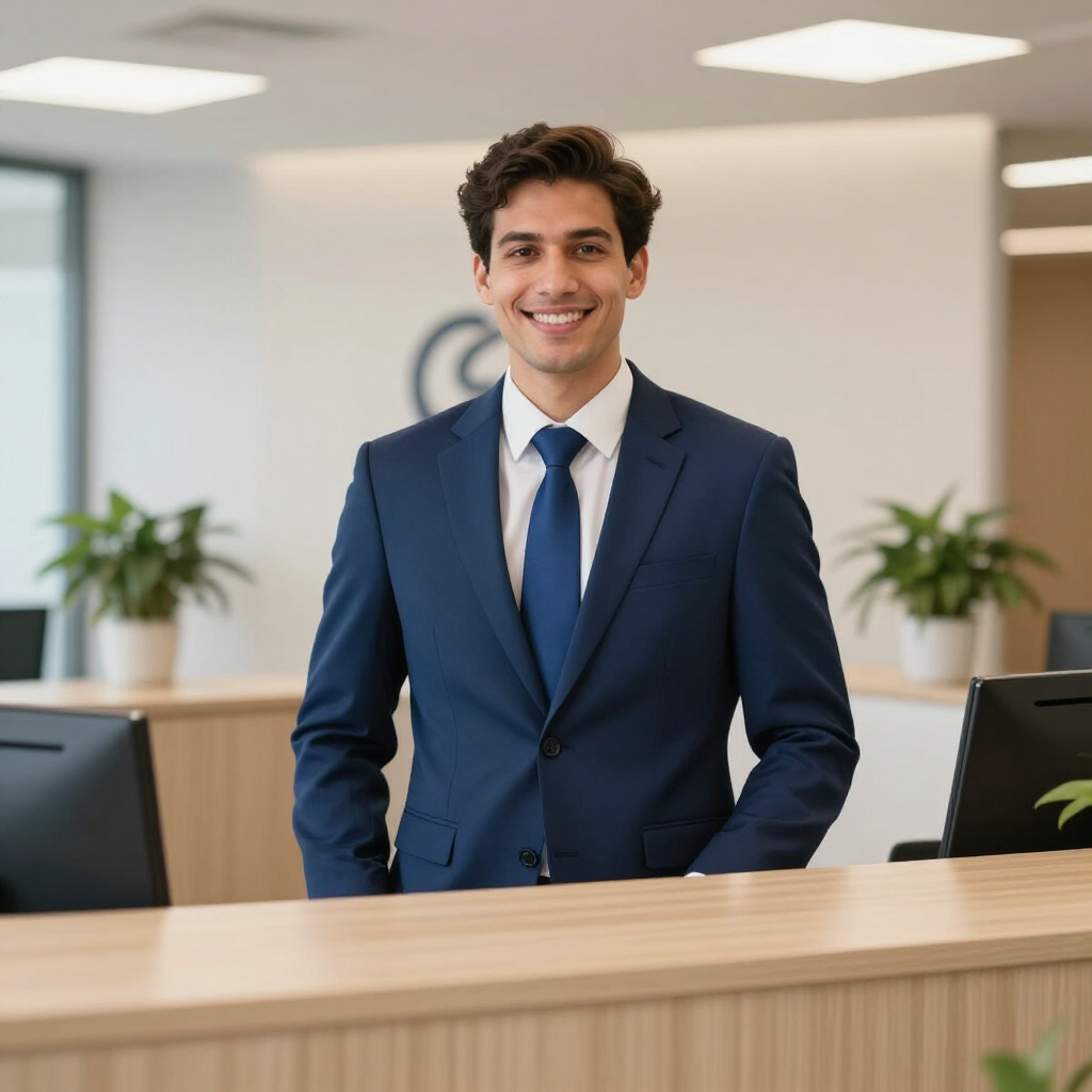 Una persona sonriente con un traje azul está de pie en el mostrador de recepción de un vestíbulo de oficina moderno.
