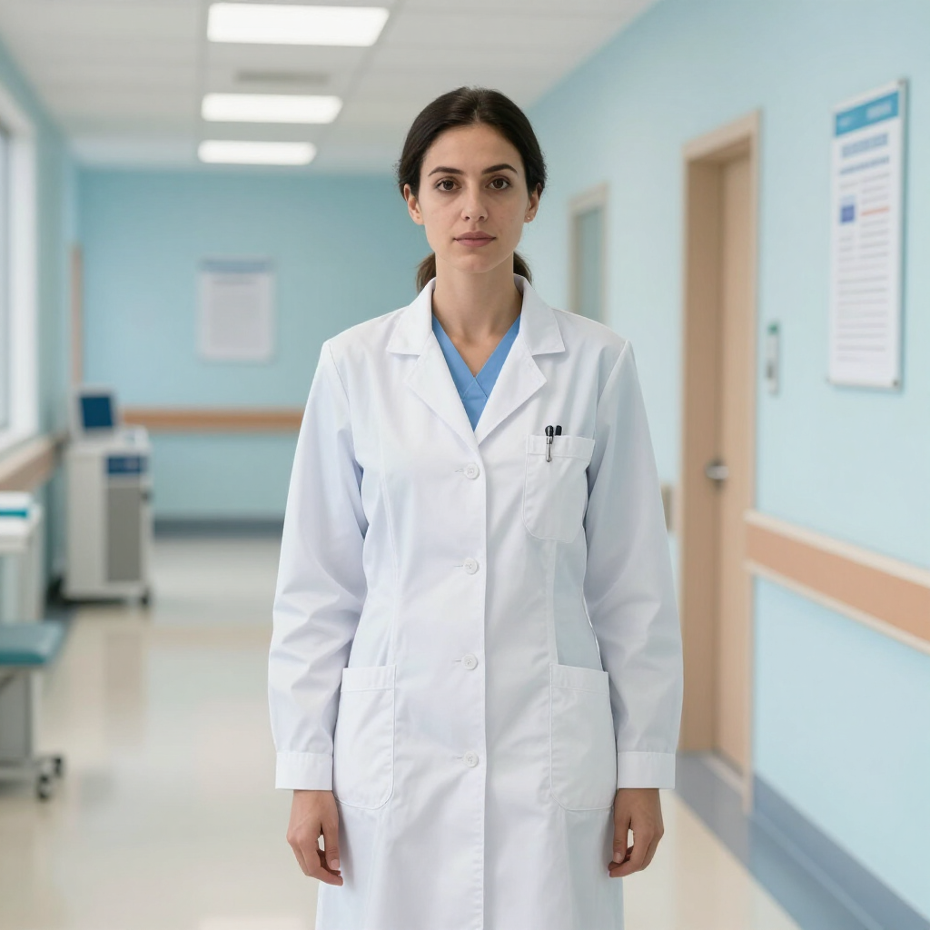 Mujer con bata blanca de laboratorio de pie en el pasillo de un hospital, mirando al frente.