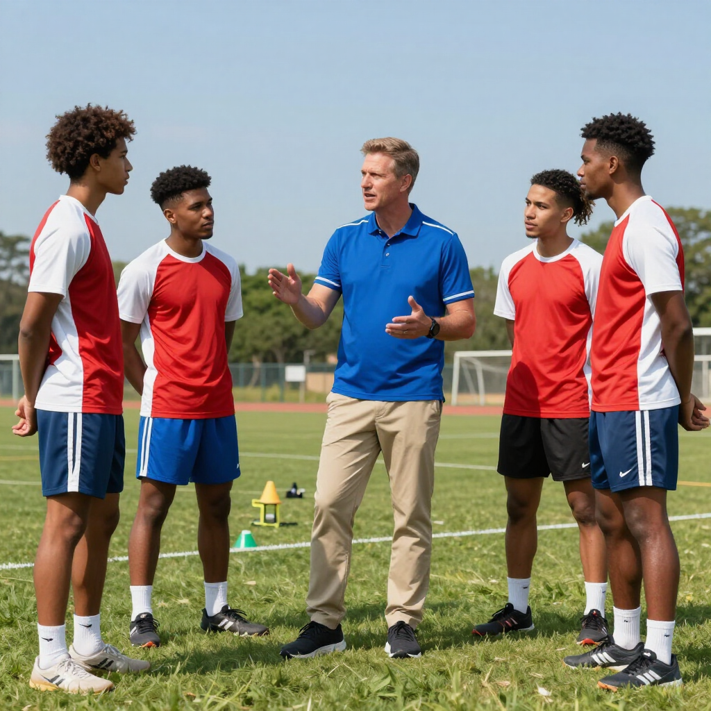 Un entrenador de fútbol habla con cuatro jugadores en un campo durante un entrenamiento, con conos y material de entrenamiento cerca.