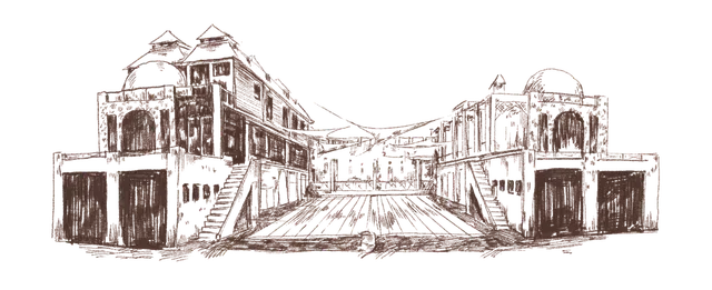 Sketch of a street flanked by buildings with arched entryways and domes.
