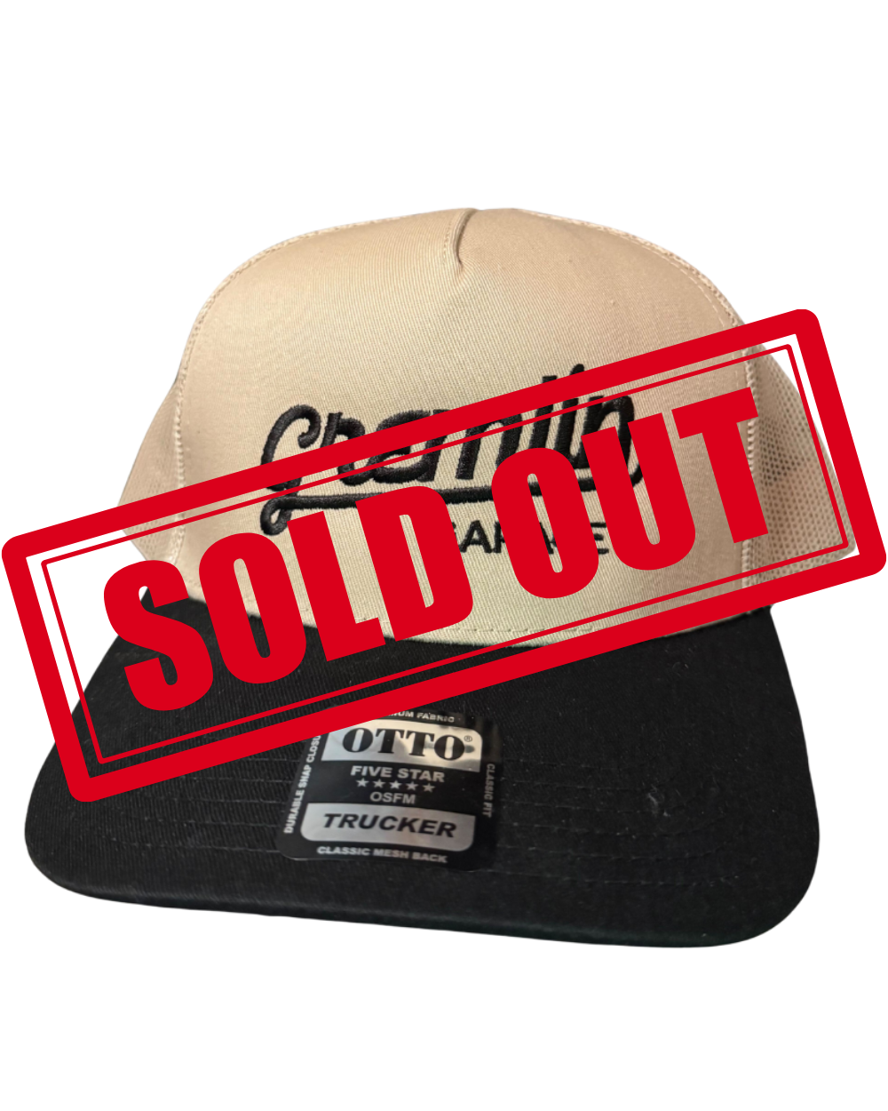Tan and black trucker hat with black 