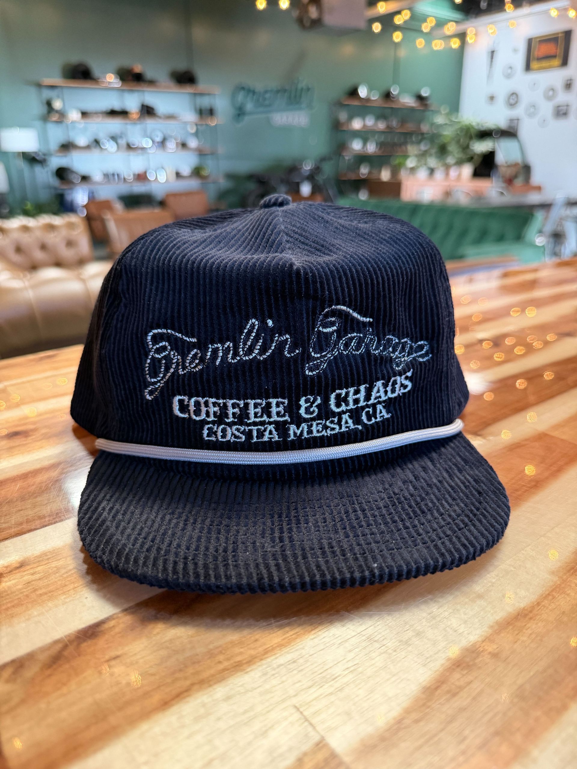 A black corduroy hat with 