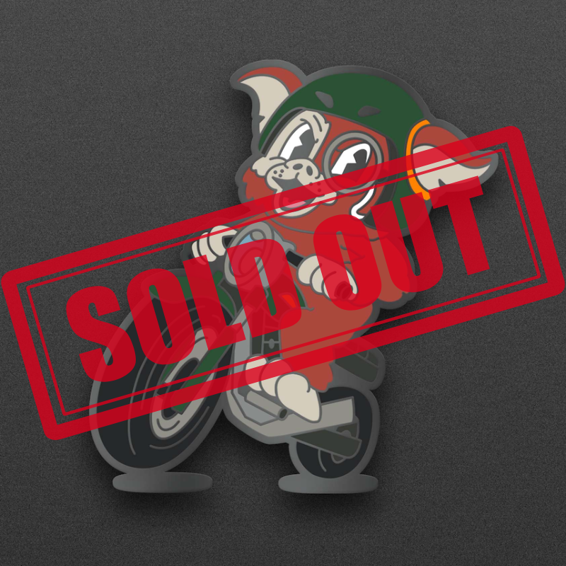A sold out sticker with a dog on a motorcycle
