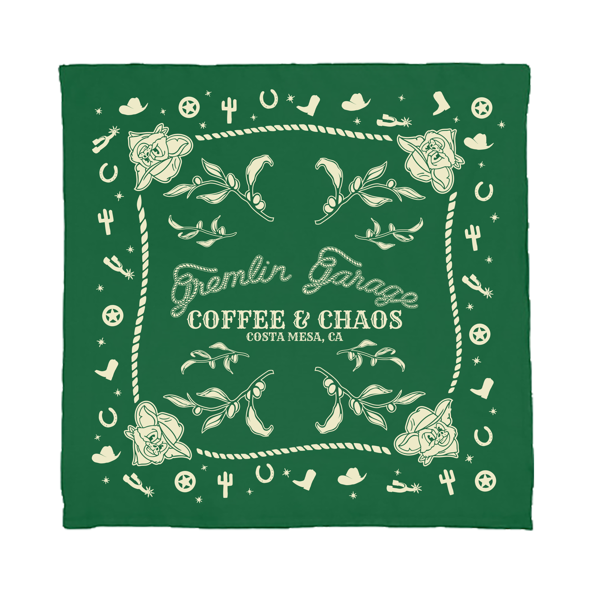 A green bandana with a white western-themed border and 