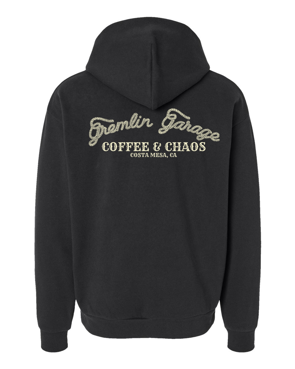 Black hooded sweater with white embroidered logo on the upper left chest.
