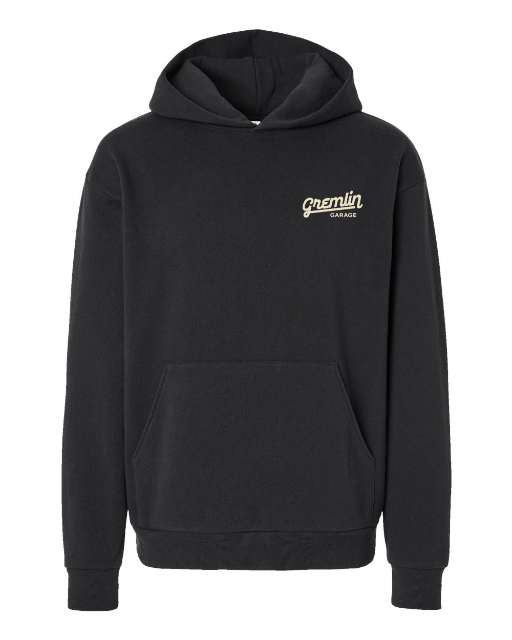 Black hooded sweater with white embroidered logo on the upper left chest.