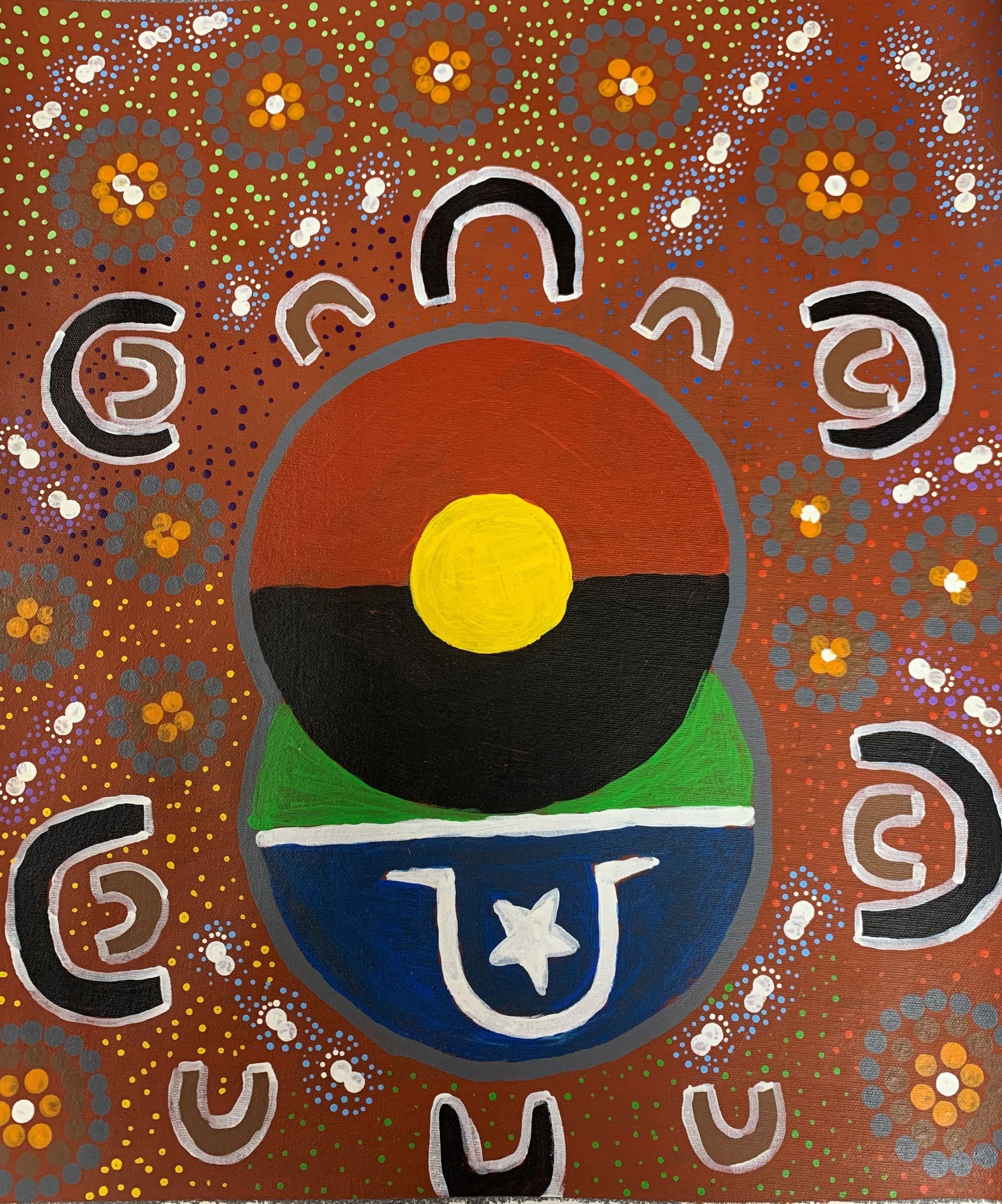 A painting of a flag with the letter u in the middle