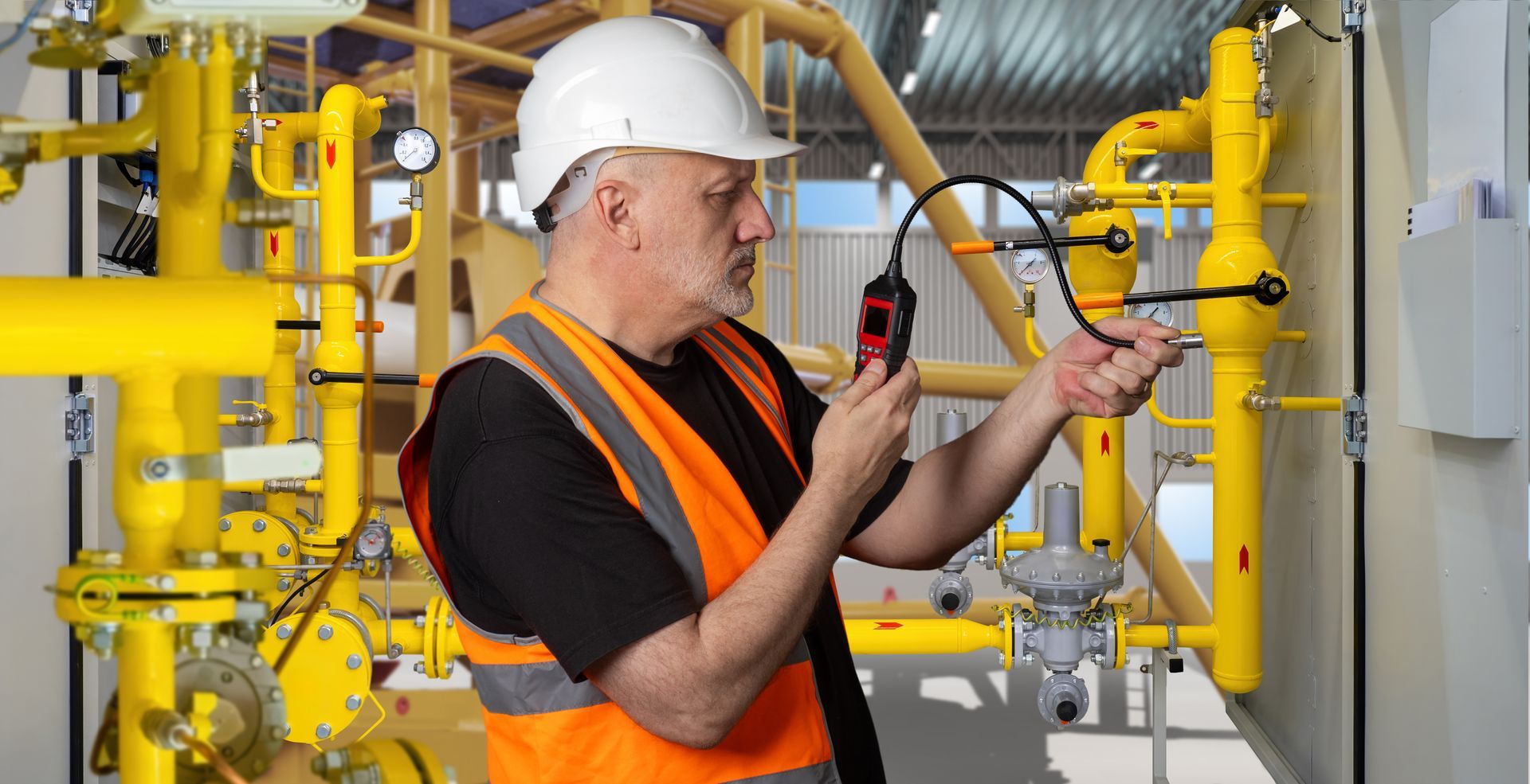 A man is holding a handheld analyzer to check for gas leaks.
