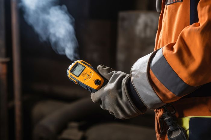 Closeup of a worker using a portable gas detector in an enclosed room. Closeup of a worker using a portable gas detector in an enclosed room.