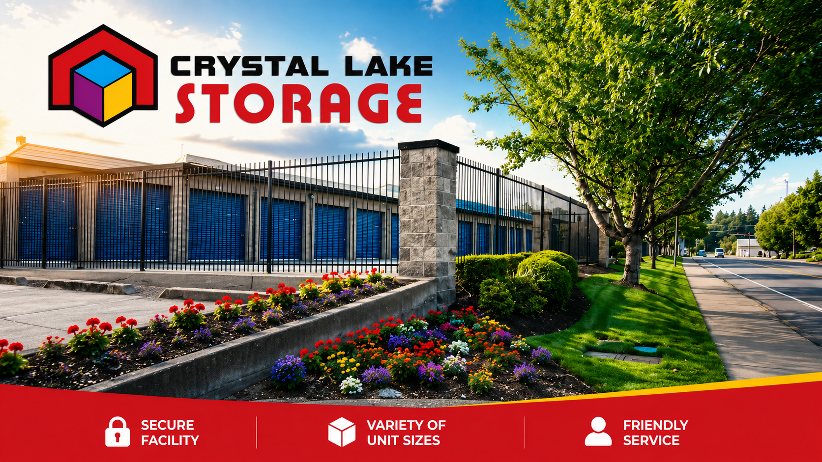 Crystal Lake Storage facility with logo, blue building, trees, and landscaped entrance under a sunny sky