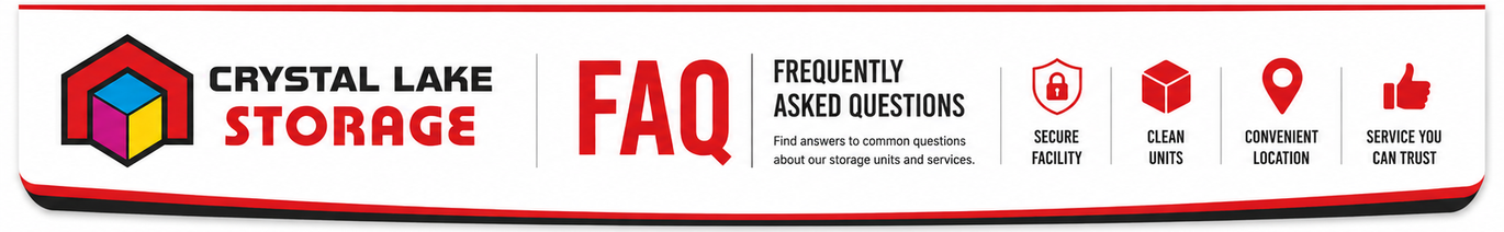 Crystala Lake Storage FAQ banner with logo and red icons on a white background