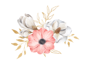 Watercolor bouquet of pink and white flowers with gold leaves on a white background