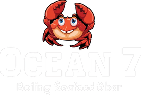Smiling red crab logo above faint “OCEAN 7” and “Baba Seafood Bar” text