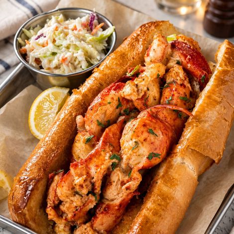 Lobster roll with grilled lobster meat, lemon wedge, and coleslaw on a tray