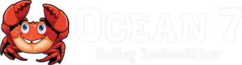 Red cartoon crab logo with faint white &ldquo;OCEAN 7&rdquo; text and smaller &ldquo;Fishing Services Ltd&rdquo; on white background