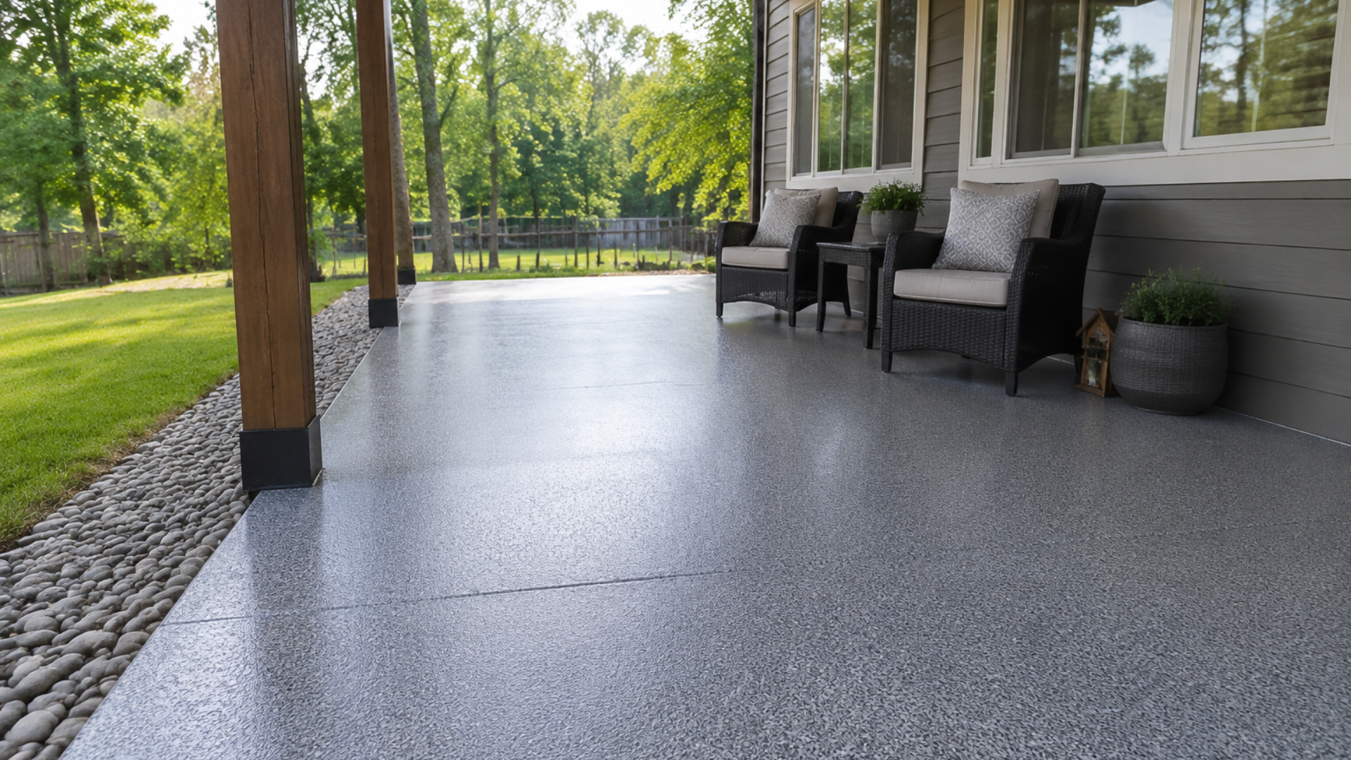Covered porch with gray epoxy floor, wicker chairs, potted plants, and a view of green lawn and trees