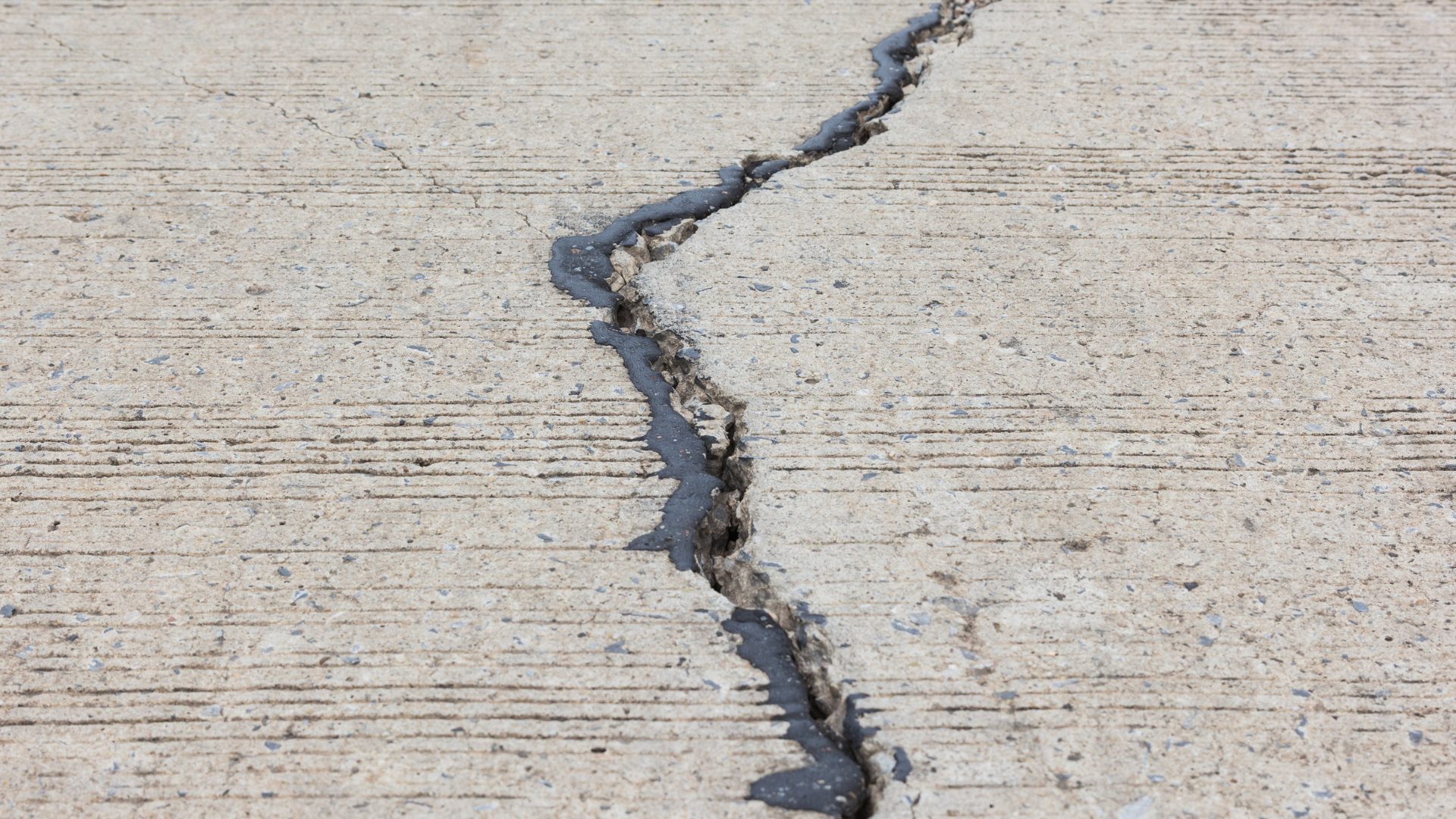 Cracked concrete pavement with a jagged dark fissure running vertically through the center