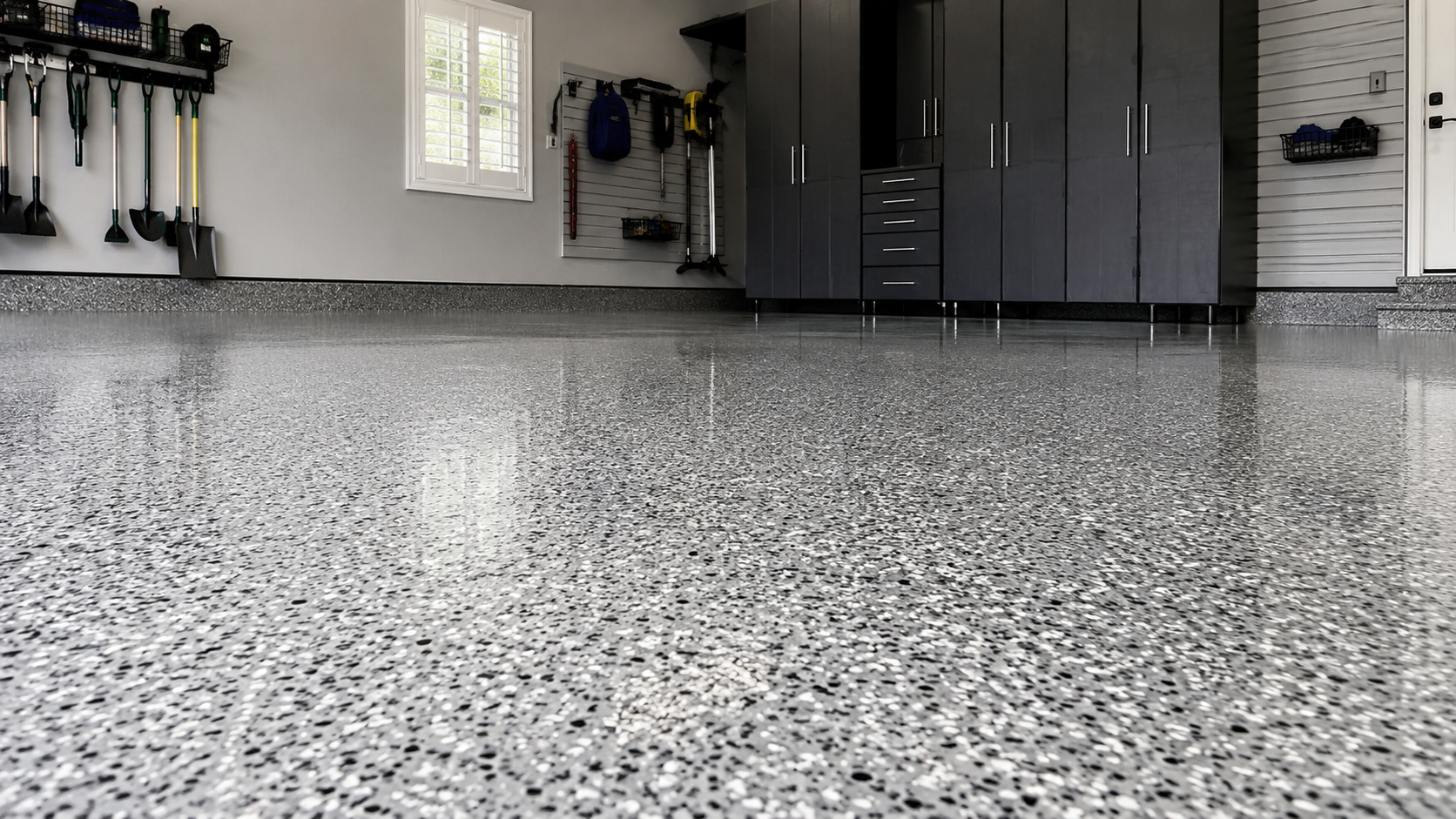 Speckled epoxy garage floor with dark cabinets and wall-mounted tools in the background