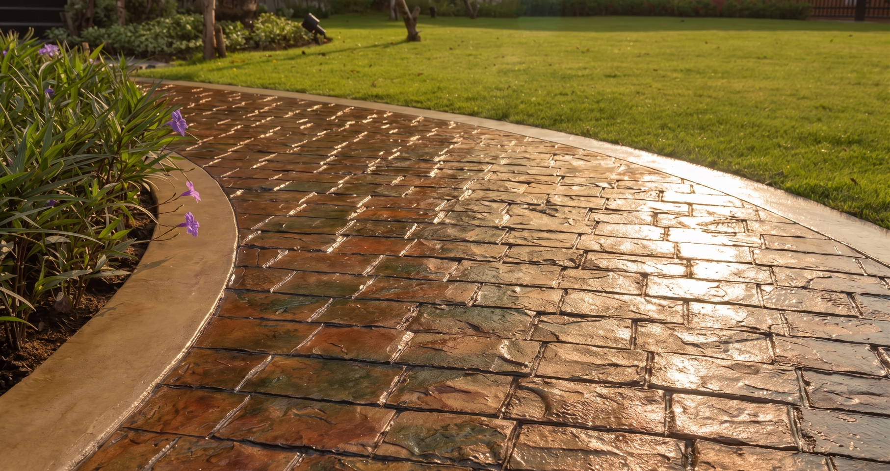 A curved, dark cobblestone pathway bordered by a light stone edge, flanked by a lush green lawn and garden plants.