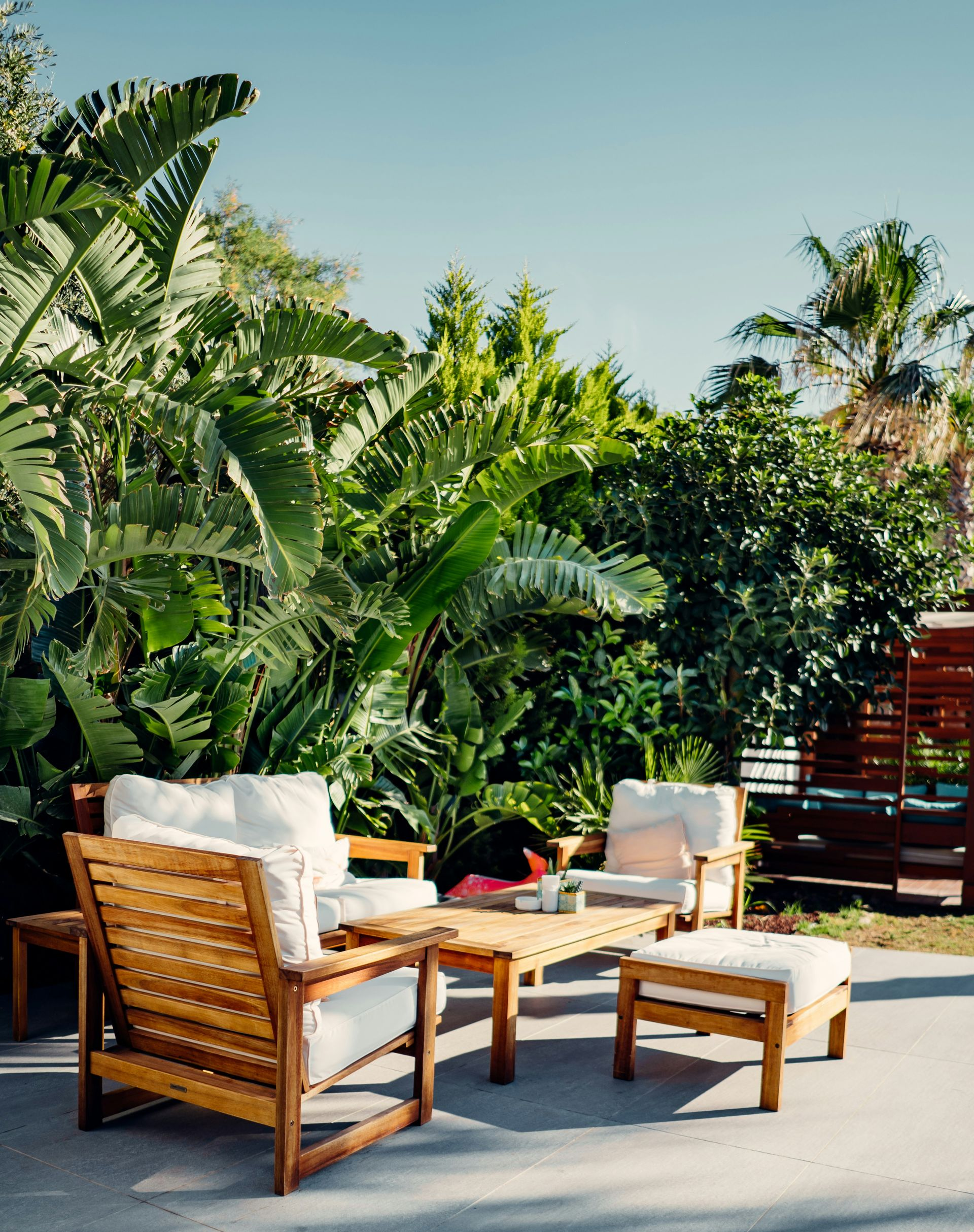 Outdoor patio with wooden lounge chairs and white cushions beside lush tropical plants