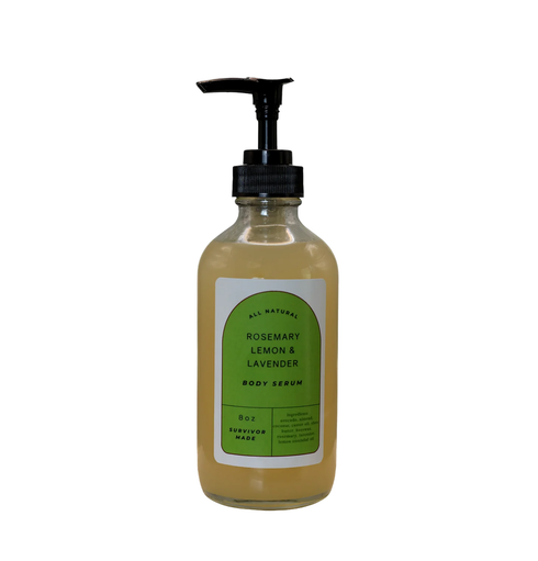 Pump bottle of green aloe and lavender body wash on a white background