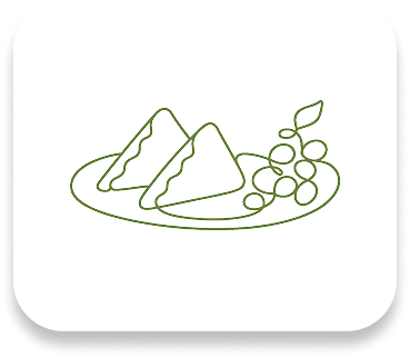 Open book icon with a fork on the left page and a spoon on the right in olive green outline