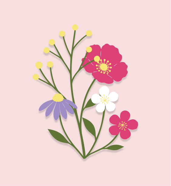 Pink floral illustration with blooming flowers and green stems on a pale pink background