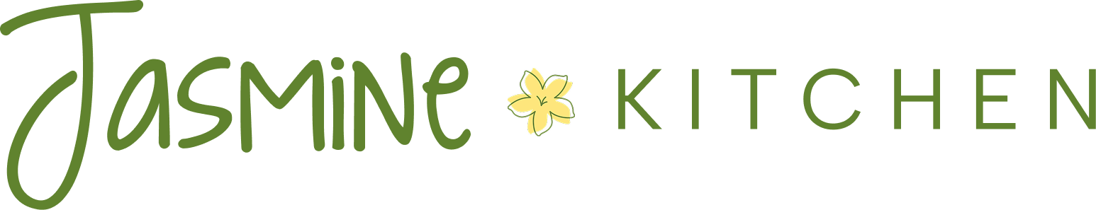 Jasmine Kitchen logo in green and gold text with a small flower icon on a white background