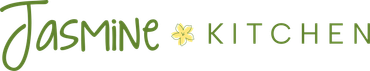 Jasmine Kitchen logo in green and gold text with a small flower icon on a white background