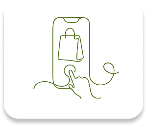 Line icon of a hand tapping a smartphone with a shopping bag on the screen