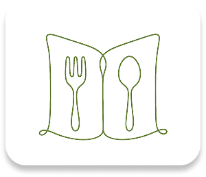 Open book icon with a fork on the left page and a spoon on the right in olive green outline