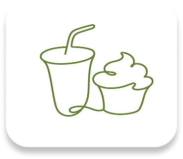 Open book icon with a fork on the left page and a spoon on the right in olive green outline