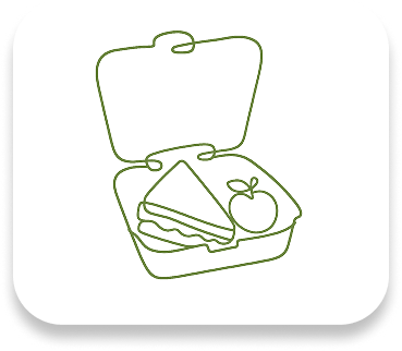 Open book icon with a fork on the left page and a spoon on the right in olive green outline