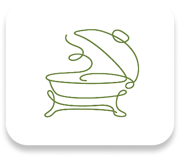 Open book icon with a fork on the left page and a spoon on the right in olive green outline