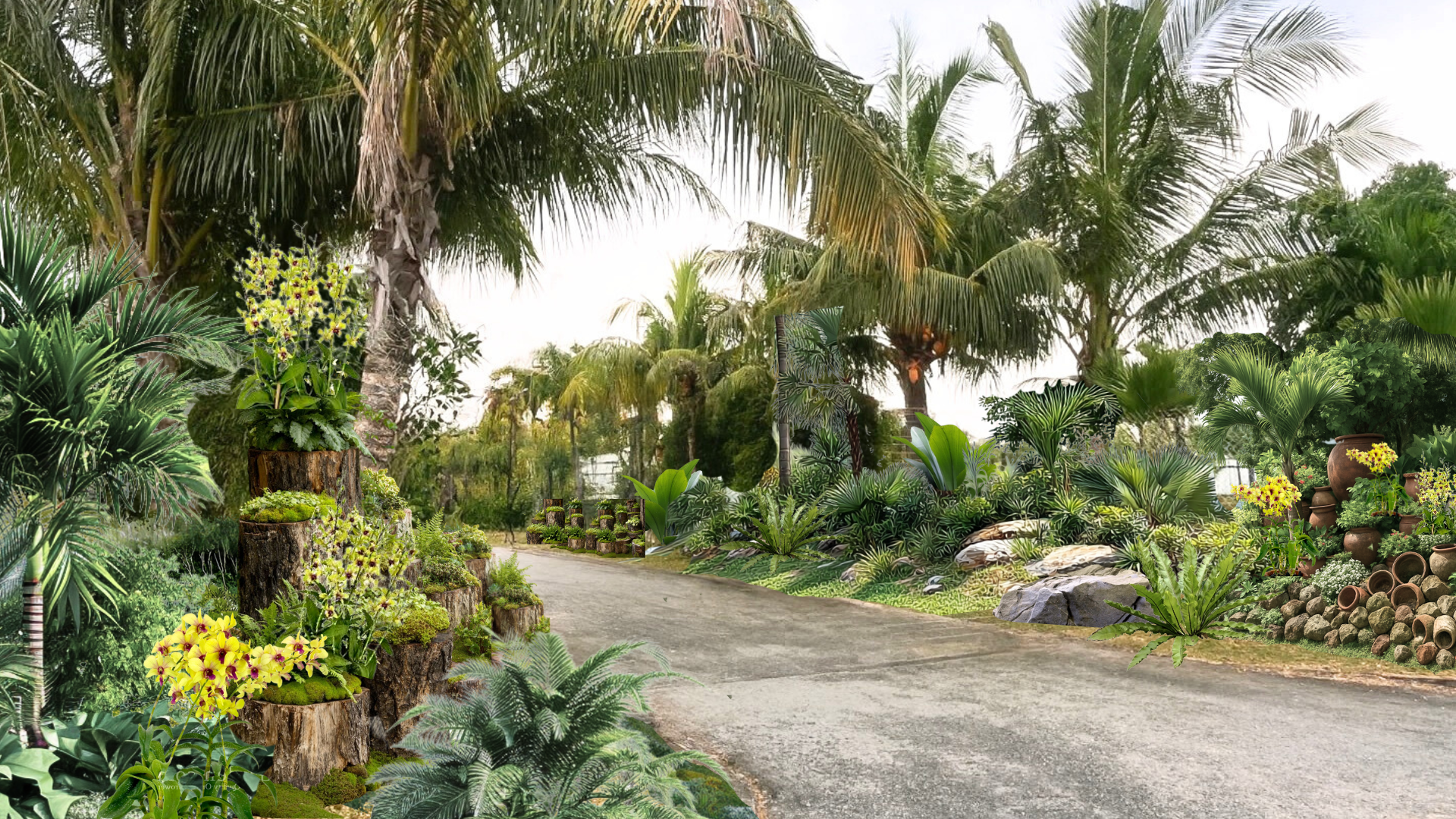 Paved road through a lush tropical garden with palm trees and diverse greenery.