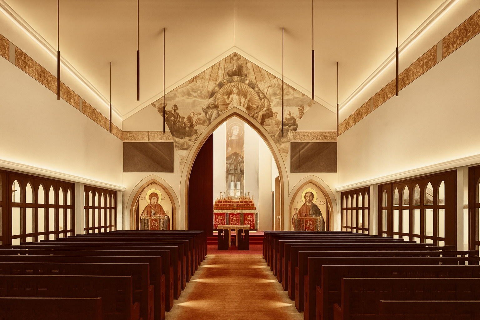 Interior of a chapel with rows of pews facing an altar, with religious artwork above the altar.