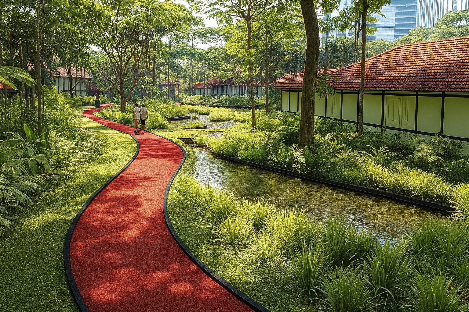 Red path curves through a green park with a stream. Buildings with brown roofs line the right.