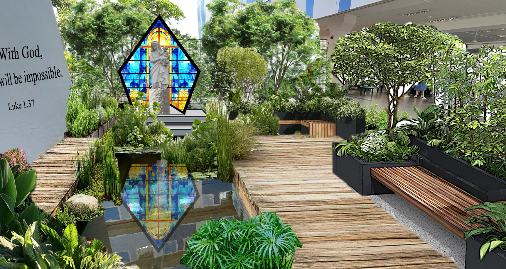 A serene garden with wooden walkways, a stained-glass window, a water feature, and built-in benches.