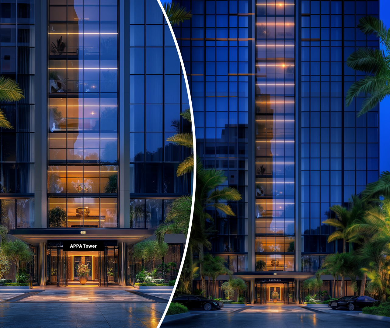 Split image of a tall modern building at night. Lights illuminate interior, palm trees and cars are outside.