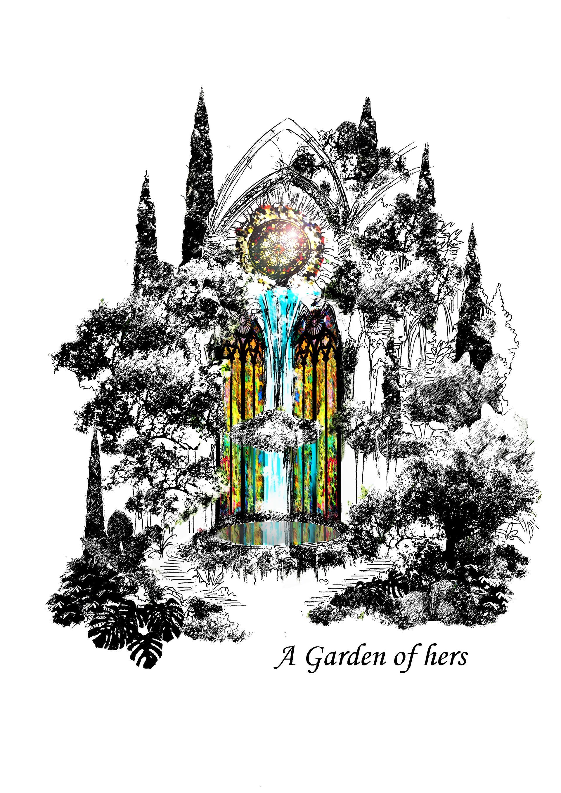 Garden sanctuary with stained glass waterfall, surrounded by trees.