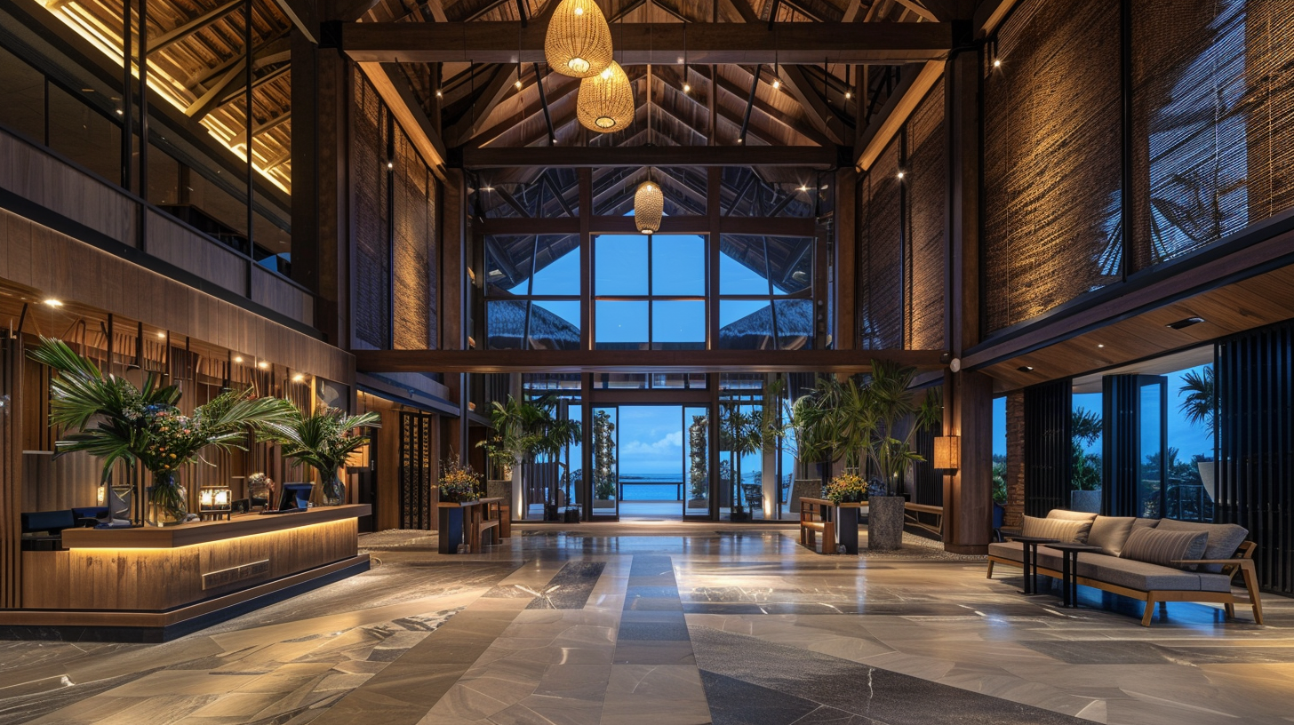 Lobby of a luxurious resort with a view of the ocean. Wooden beams, high ceilings, and neutral tones.