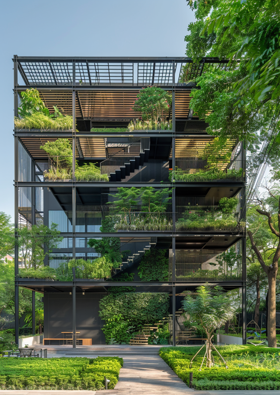 Multi-story building with black metal frame and green plants on each level, black stairs outside.