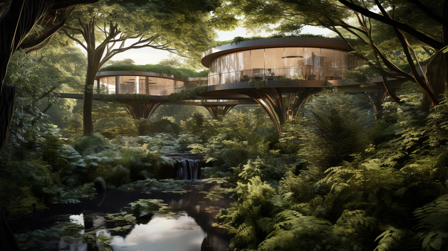 Lush forest scene with round, modern houses connected by walkways.  A stream flows below, bathed in sunlight.
