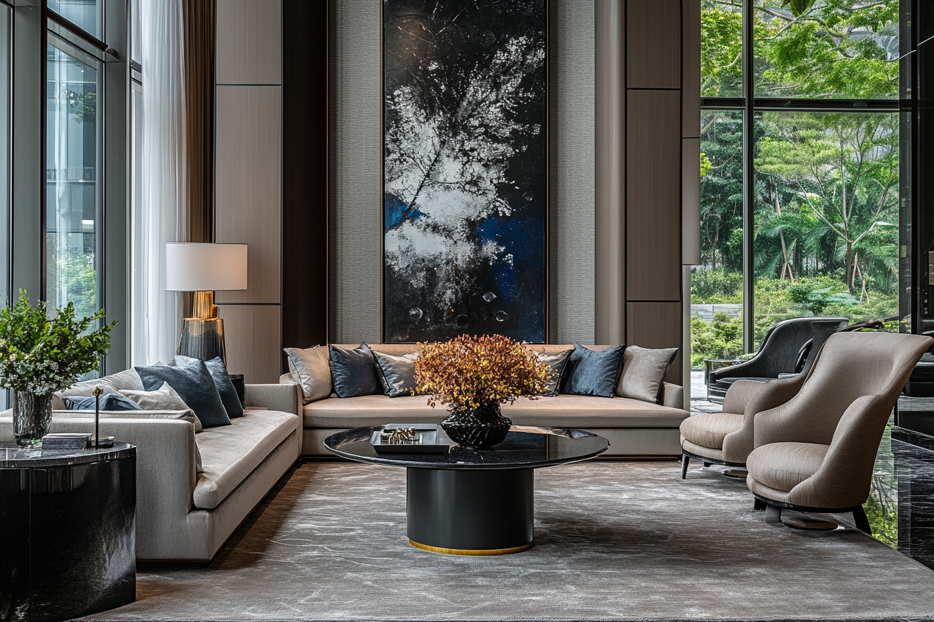 Luxurious living room with neutral colors, large abstract art, sofas, armchairs, and floor-to-ceiling windows.