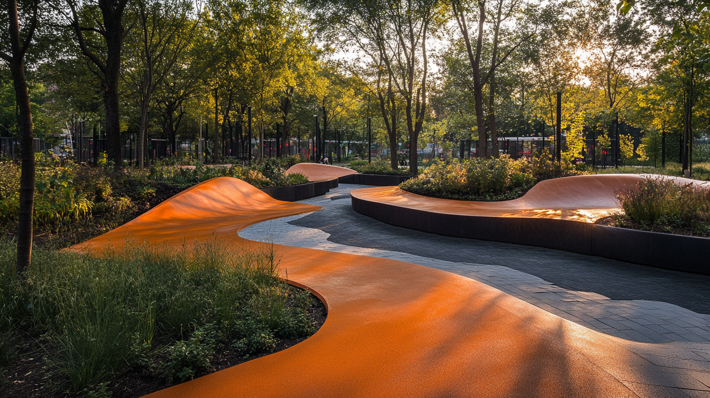 Orange winding pathways in a park with green vegetation, bordered by dark planters. Sunlight filters through the trees.