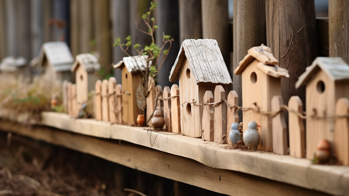 Wooden birdhouses and fence on a weathered wooden ledge against a blurred wooden fence.