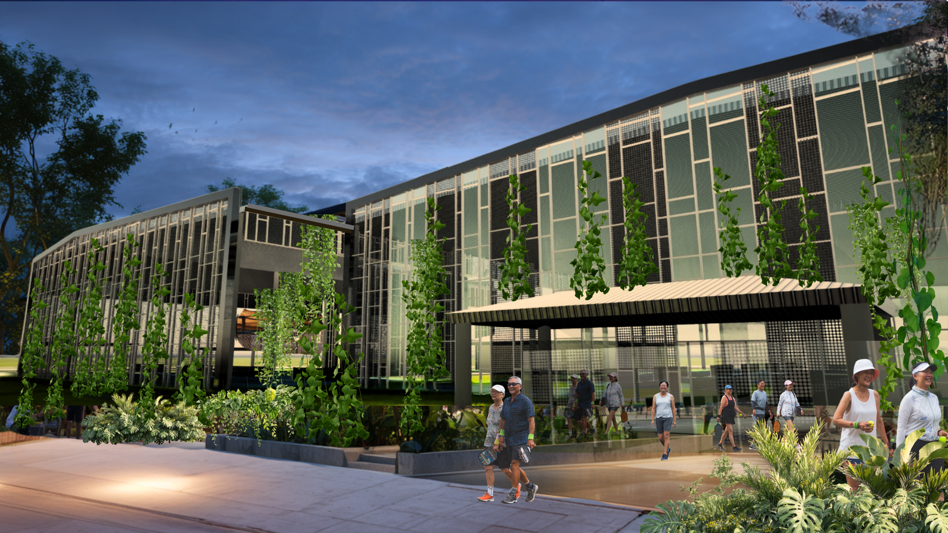 Modern building with glass windows, greenery, and people walking outside.