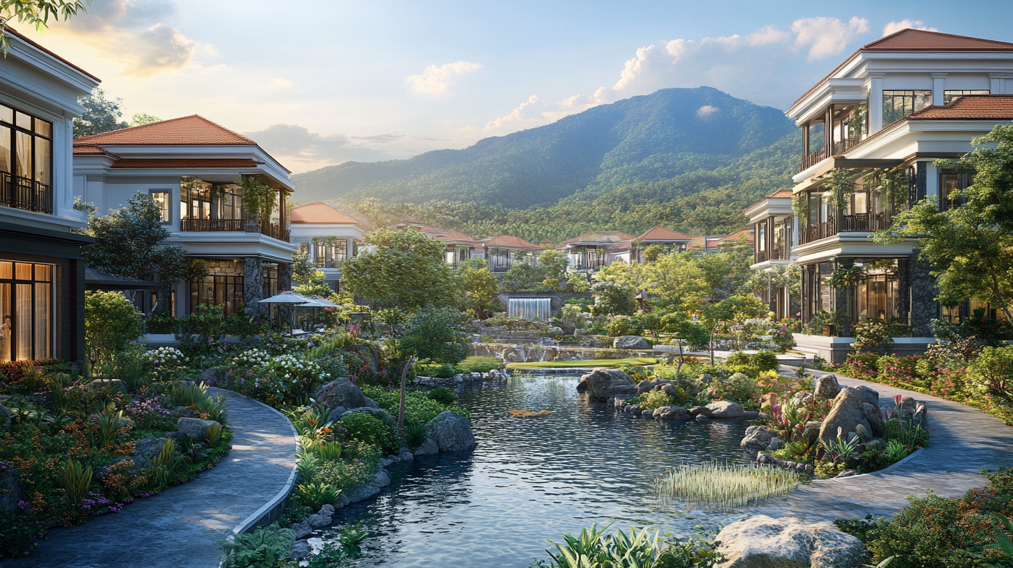 Lush resort with villas, a pond, and a mountain backdrop under a bright sky.