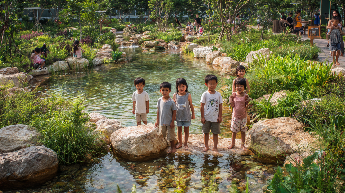 Children standing in shallow water, surrounded by rocks and greenery in a park.