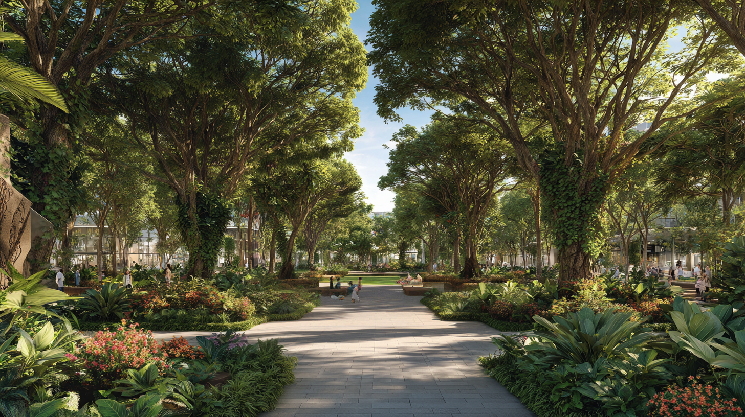 Stone path through a lush park, shaded by large trees, with a bright sky in the distance.